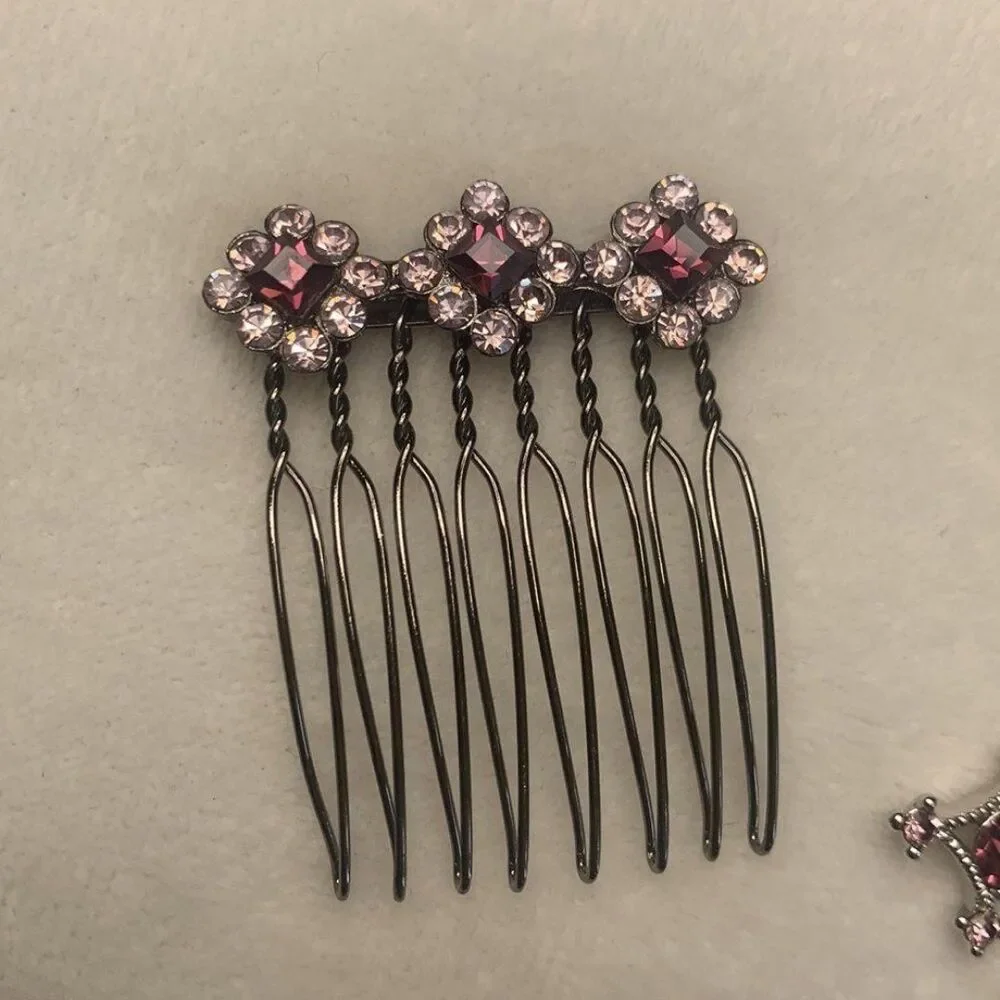 Silver Tone & Purple Crystal Cross and Crystal Hair Comb